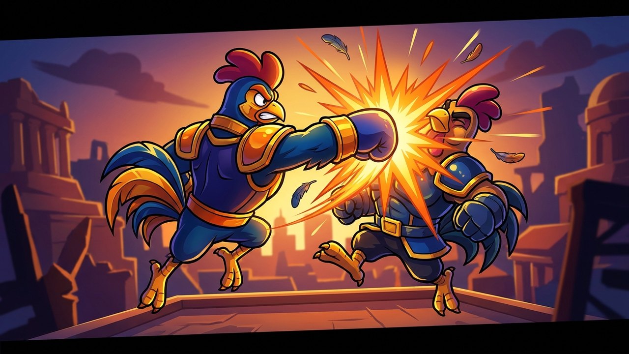 A rooster mid-punch