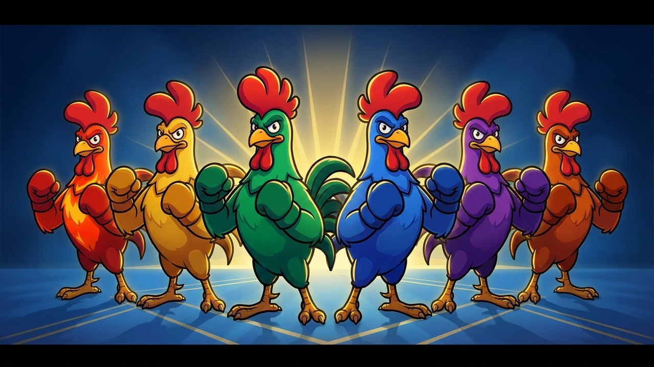Six rooster fighters lined up in boxing wraps